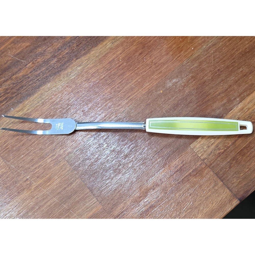 Vintage Ekco Meat Carving Fork Chromium Plated USA Green White Handle Retro MCM
